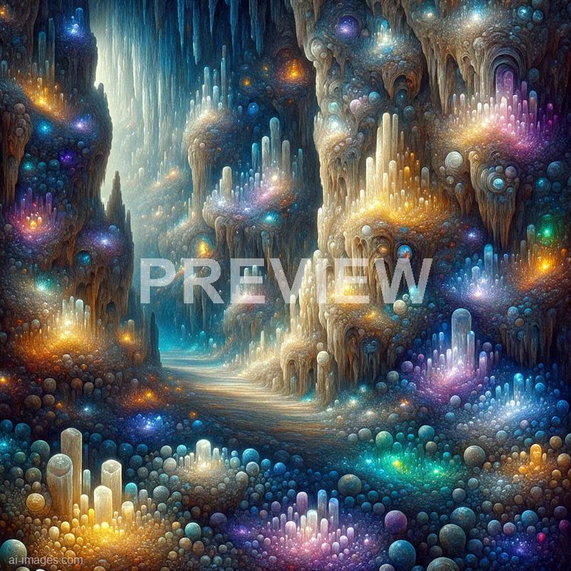 The image depicts an otherworldly, fantastical landscape filled with towering, stalactite-like formations that glow with vibrant colors and luminescent orbs scattered throughout. The scene is illuminated by a soft, ethereal light, creating a dreamlike atmosphere with a sense of depth and infinite complexity, resembling a surreal cave or alien planet. The intricate details and luminous elements give it a mystical, cosmic feel, blending organic and fantastical elements seamlessly.
